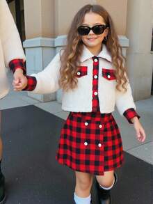 Conjunto de 2 piezas para niñas de 4 a 7 años, con chaqueta corta de manga larga con cuello esponjoso en estilo vintage y falda A-line a cuadros rojos y negros