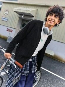 Open Phase STONE DISTRICT BAI YUE Senior Sense Of Light Mature Casual V-Neck Knitted Cardigan, Fall And Winter Men's Sweater Jacket, Plaid Pattern, Simple Commuting, Versatile Charm, Homecoming - Black - View 1