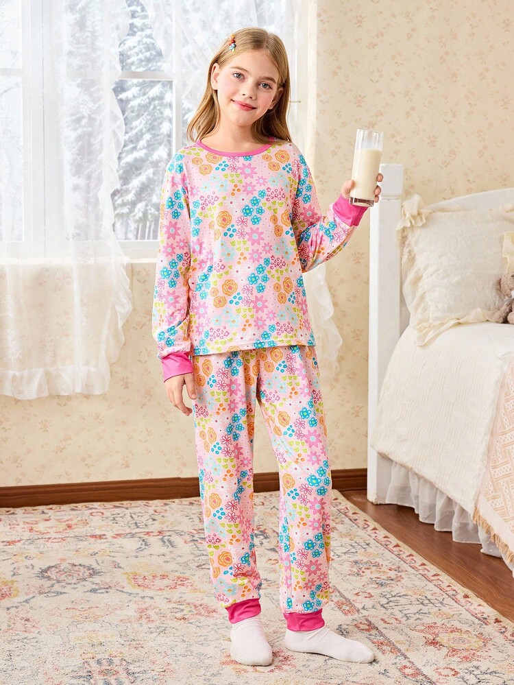 2pcs/Set Girls Colorful Floral Print Crew Neck Long Sleeve T-Shirt + Pants Pajama Set, Autumn/Winter Girls Casual Loungewear Or Sleepwear Girls Pajamas Girls Sleepwear - Multicolor - View 5