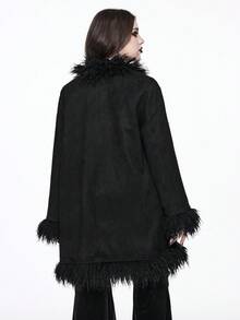 ROMWE EDITION Plus Size Gothic Rhinestone Cross Ostrich Fur Collar Cardigan Coat, Autumn/Winter - Black - View 3