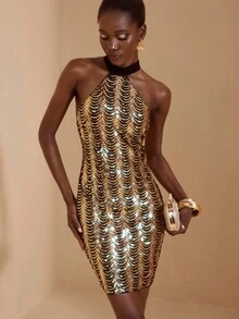 JIAN LASALA Wavy Sequin Halter Bodycon Mini Dress Women Elegant Party Dress Luxury Stylish Clothing Collection Sequence Dress Special Occasion Dress Metallic Dresses For Women Gold And Black Dress Women Gold Sequin Dress Sequin Dress Chain Dress Graphic Dress - Black and Gold - View 8