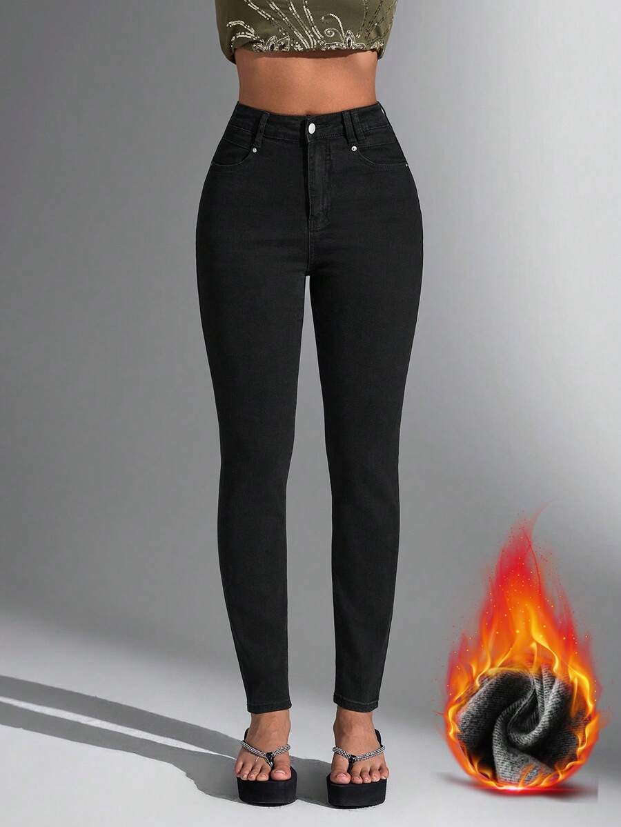 Jeanoix 女式高腰口袋紧身休闲保暖牛仔裤 - 黑色 - 查看 1