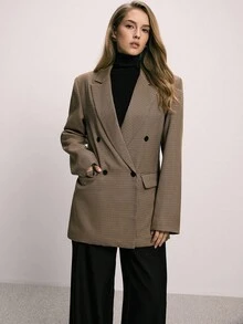 ATUI Studio Studio Loose Fit Wide Cinched Waist Double-Breasted Pocket Long Sleeve Blazer, Old Money Aesthetic, Vintage Check Houndstooth Thanksgiving - Multicolor - View 4