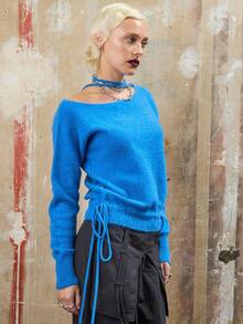 COUREZ Áo len cổ buộc dây, kiểu dáng suông, trễ vai, dáng rộng / Phong cách Y2K mùa thu cho nữ, quần áo mùa đông cho nữ, áo kiểu thường ngày đi chơi, áo len mùa đông cho nữ. - Màu xanh lam - Xem 4