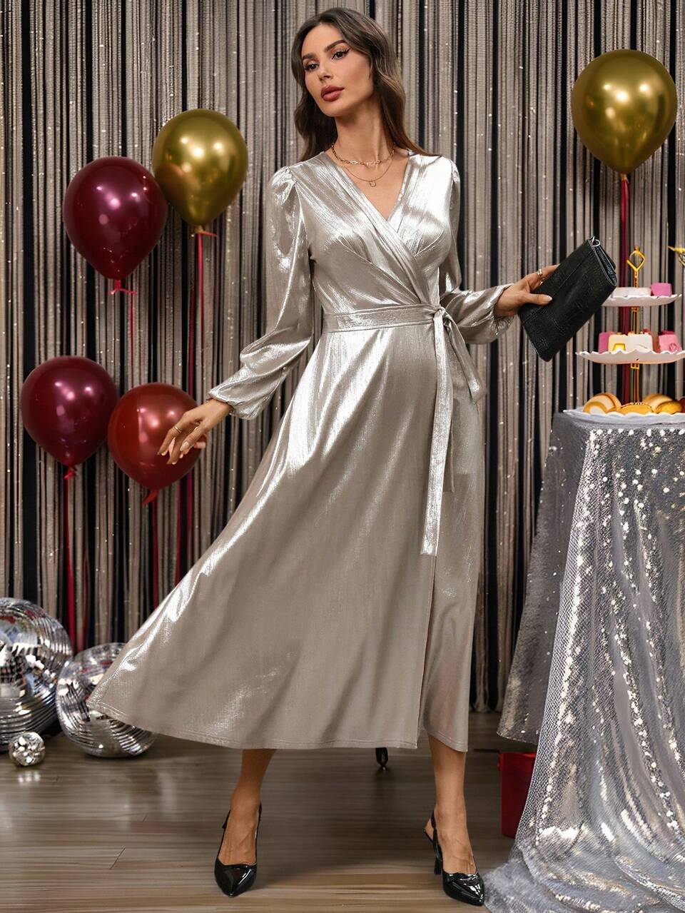 Women's Elegant Champagne Gold Metallic Wrap Maxi Dress,Autumn Long Sleeve Satin Sequin Dress With Slit, Holiday Dinner Party Christmas Clothing