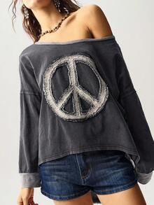 Bohemela 秋冬波西米亚风休闲针织拼布圆领宽松女式T恤 - 黑色 - 查看 5