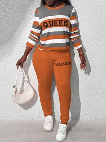 BamGleam Conjunto de 2 peças de blusa e calça de manga comprida com estampa de gola redonda listrada feminina, outono