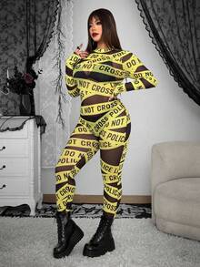 Whyspr Grunge Punk Plus Size Women Street Bold Avant-Garde Casual Punk Fashion English Letter Print Leggings, High Stretch, Suitable For Halloween, Music Festival, Cosplay - Multicolor - View 3