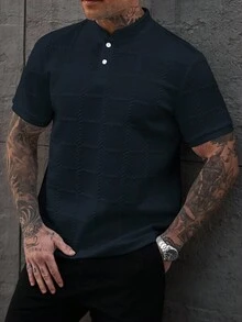Manfinity Homme 男士纯色休闲立领短袖 Polo 衫 男士纽扣针织 Polo 衫 男士 Polo 衫 男士高尔夫球衫 男士针织衬衫 男装 - 藏蓝色 - 查看 5