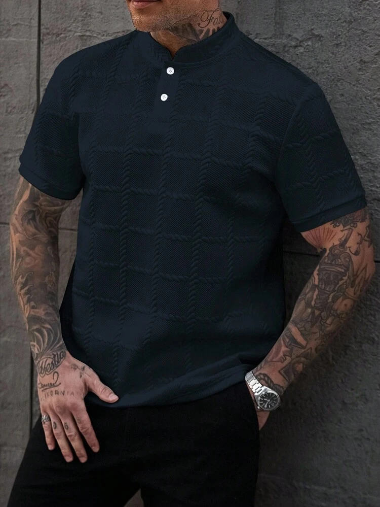 Manfinity Homme Camisa Polo Masculina de Cor Sólida, Casual, Gola Padre, Manga Curta, Camisa Polo Masculina Tricotada com Botões, Camisa Polo Masculina, Camisa de Golfe Masculina Tricotada, Camisa Masculina - Azul Marinho - Visão 5