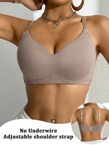 女士舒适休闲罗纹面料纯色内衣无钢圈软杯防下垂文胸 - 摩卡棕 - 查看 2