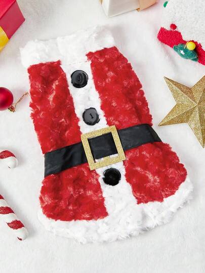 PETSIN Disfraz de Papá Noel para mascotas, abrigo grueso y cálido de color rojo con hebilla dorada y adornos festivos