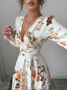 Elenzga 女式碎花灯笼袖中长连衣裙，浪漫的法式设计，修身腰身，性感的深 V 领，适合约会、派对，可与夹克叠穿 - 黃色 - 查看 7