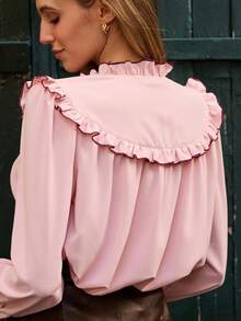 lacRébo Pastel Pink Blouse With Contrast Seam Ruffle Detail And Long Sleeves Spring Women Clothes Spring Outfits Spring Women Clothes Spring Summer Office Top Business Casual Top - Baby Pink - View 4