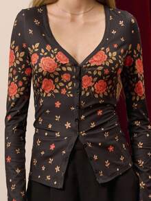 lacRébo Vintage Fitted Button-Up Top With Rose Floral Print, Spring Summer Office - Black - View 5