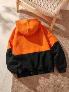 Mainfolk 男士休閒刺繡連帽衛衣，橘色與黑色拼接復古 Y2K 寬鬆街頭風，適合秋冬假期 - 彩色 - 查看 2