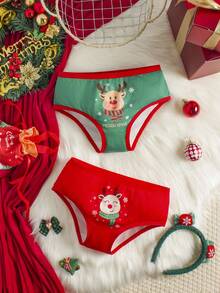 2pcs/Set Celana Dalam Motif Kartun Lucu untuk Remaja Perempuan Bertema Natal - MultiWarna - View 1