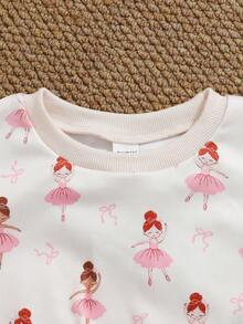 SHEIN Playful Pals 2pcs Girls Sweet Ballet Girl Print Set, Long Sleeve Top + Skirt, All-Over Print Design - Pink - View 7