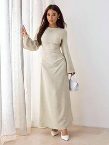 SHEIN PETITE 女式夏季纯色亚麻混纺休闲优雅连衣裙， - 杏色 - 查看 11