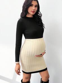 SHEIN Gaun Sweater Lengan Panjang Elegan Berkerah Bulat dengan Potongan Pas Badan dan Motif Blok Warna untuk Ibu Hamil - Hitam - View 4