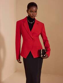 JIAN LASALA 翻领V领长袖修身红色西装外套，秋冬优雅休闲红色西装外套，女士红色套装，奢华时尚服装系列 - 紅色 - 查看 6