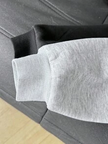 SHEIN 2 件套青少年女孩保暖内衬运动衫套装，宽松圆领长袖马刺绣设计，黑色和灰色，秋冬