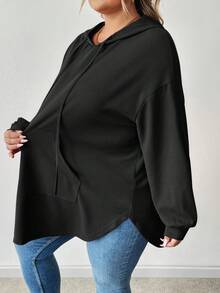 SHEIN CURVE+ 大码纯色连帽抽绳不对称下摆运动衫 - 黑色 - 查看 4