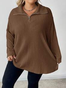 SHEIN CURVE+ Plus Size Casual Stand Collar Quarter Zip Up Fuzzy Apricot T-Shirt, Tee - Brown - View 7