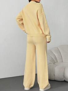 INAWLY 2件套女式字母压花长袖上衣和裤子黄色毛衣套装 - 黃色 - 查看 3