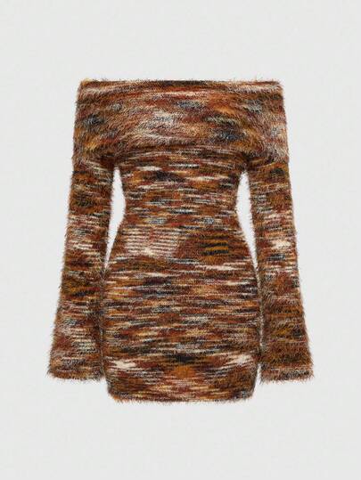 Robe moulante fluffy off-shoulder blocs de couleurs rétro Y2K, robe mini sexy ajustée, ambiance automne/hiver