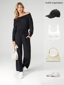 GLOWMODE Mono de pierna ancha de uso diario y casual con hombros descubiertos, cintura ajustable con cordón y efecto peek-a-boo, de tela tipo nube