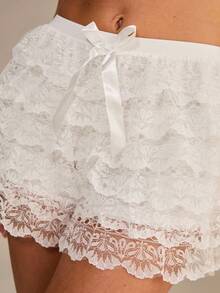Enchnt Women Safety Shorts, Contrast Lace And Layered Ruffles Lingerie - White - View 5