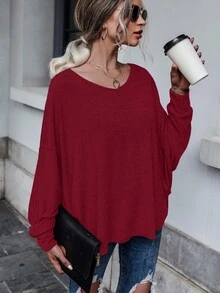 EMERY ROSE Casual Solid Color Batwing Sleeve Back Tie T-Shirt, Autumn - Red - View 6