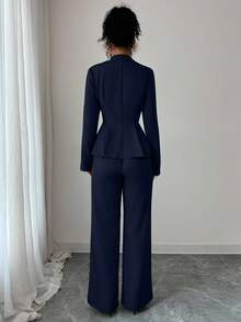 Elenzga 优雅束腰套装，时尚通勤喇叭修身裤，节日/约会装，独立日，女教师装 - 藏蓝色 - 查看 2