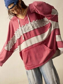 Bohemela 休闲针织拼接连帽长袖宽松水洗长款女士卫衣秋冬装 - 紅色 - 查看 4