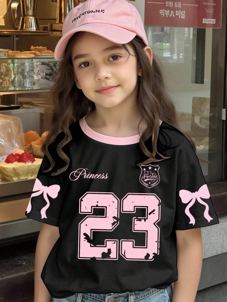 SHEIN Leap Crew Sweet Bow & 28 Numeral Graphic Tween Girls Casual Minimalist Short Sleeve Round Neck T-Shirt, Suitable For Summer - Multicolor - View 1