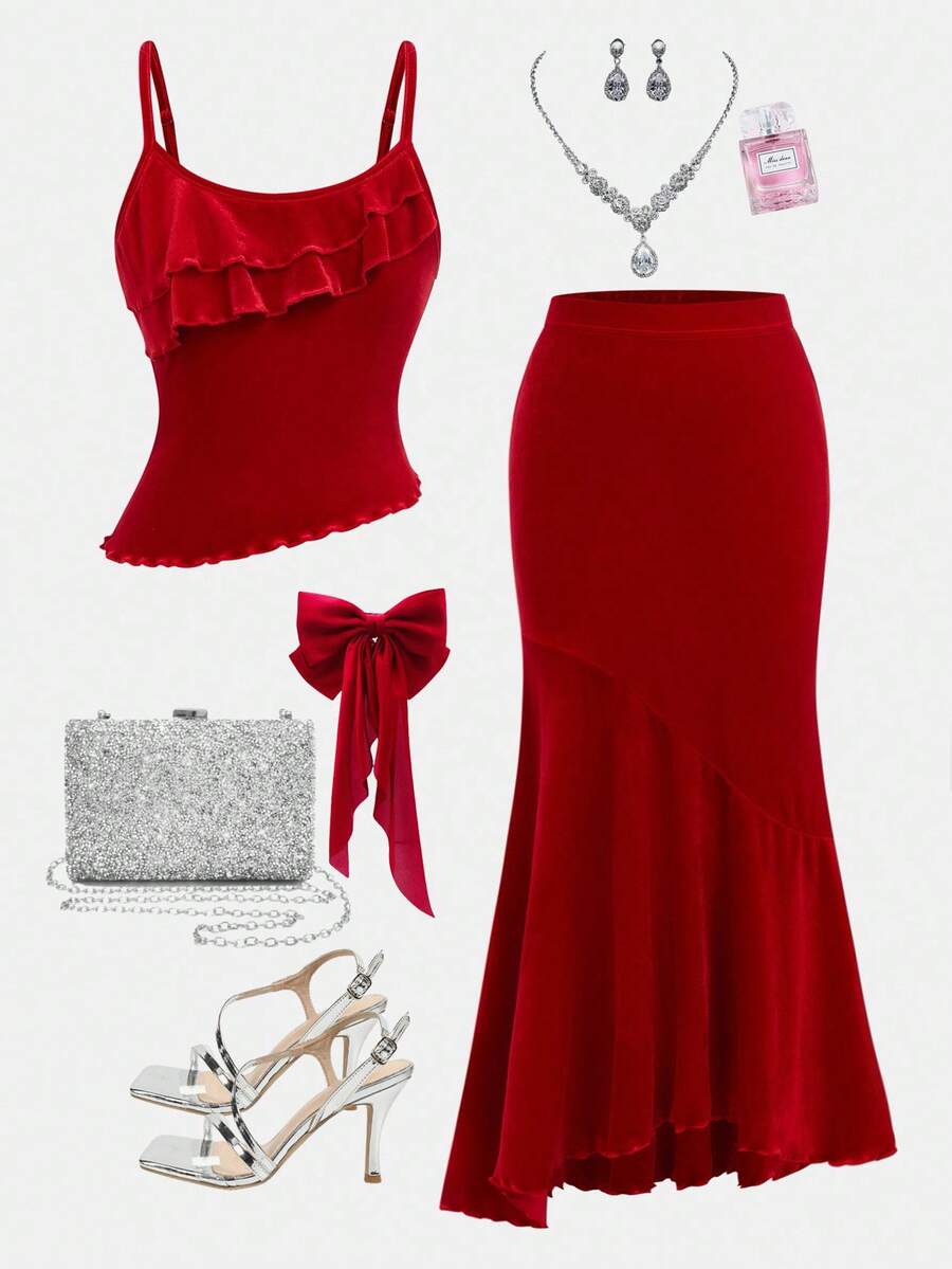 SHEIN Tween Girls Casual & Comfy Solid Burgundy Elegant Asymmetrical Hem Tank Top & Mermaid Skirt 2-Piece Set, Red Outfit, Christmas Party Outfit Velvet Christmas Outfits, Christmas Party Dress, Christmas Skirt Set Christmas Outfits Fitted Mermaid Skirt 2 Pieces Set Red Skirt Skirt And Top Skirt Outfit Set - Burgundy - View 1