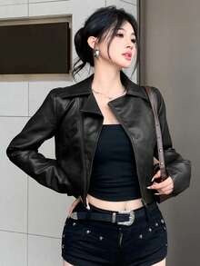 DAZY 女士休闲短款PU皮夹克，街头风，秋冬Y2K风格 - 黑色 - 查看 5