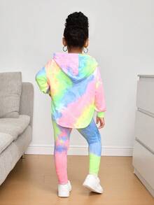 Bộ 2 áo hoodie và quần legging trễ vai họa tiết tie-dye bất đối xứng cho bé gái, thoải mái, phù hợp mặc thường ngày và đi học, phong cách đường phố, thời trang Y2K, thu/đông - Hồng - Xem 2