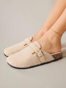 Solecia CUCCOO 女士休闲百搭毛绒圆头平底拖鞋 - 米色 - 查看 7