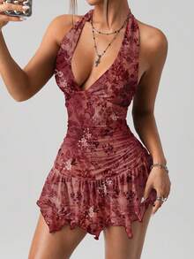 SHEIN ICON 女士休闲性感露背迷你连衣裙，适合 Y2K，佩斯利印花，安哥拉红 - 彩色 - 查看 4