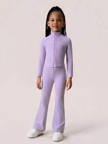SHEIN Athiow 年轻女孩 2 件套女童运动服，弹力修身拉链夹克和高腰紧身喇叭裤，适合瑜伽、网球、羽毛球、户外运动和日常训练 - 紫色 - 查看 1
