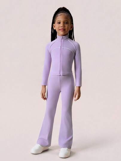 SHEIN Athiow Conjunto de Roupa Esportiva para Meninas 2 peças, Jaqueta Elástica com Zíper e Calça Flare Cintura Alta, Adequado para Ioga, Tênis, Badminton, Esportes ao Ar Livre e Treinamento Diário