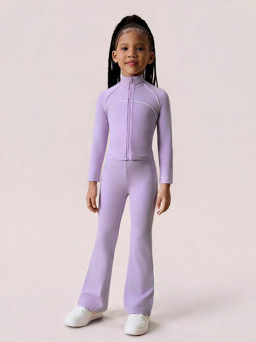 SHEIN Athiow 年轻女孩 2 件套女童运动服，弹力修身拉链夹克和高腰紧身喇叭裤，适合瑜伽、网球、羽毛球、户外运动和日常训练 - 紫色 - 查看 1