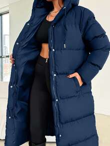 EURMUSE Hooded Side Pocket Snap Button Drawstring Padded Coat For Autumn And Winter - Navy Blue - View 3