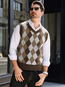 Manfinity Mode Men's Contrast Argyle Knit Sweater Vest, Fall/Winter - Multicolor - View 4