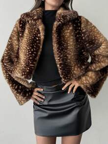 Aloruh 女士复古仿皮草领开襟蓬松外套，鹿纹毛绒外套，圣诞皮草外套，动物印花棕色外套，猎豹纹女装，秋冬女装，棕色皮草外套，豹纹外套 - 摩卡棕 - 查看 5