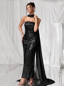 Coutiva 奢华亮片刺绣礼服，高端优雅派对礼服 - 黑色 - 查看 1