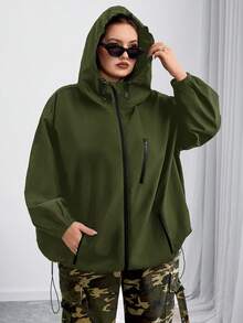 SHEIN CURVE+ Áo khoác có mũ trùm đầu Curves Plus Size/Quần áo đi học/Quần áo trở lại trường/Áo khoác có mũ trùm đầu dây rút vai trễ dành cho nữ cỡ lớn, Quần áo mùa thu dành cho nữ, Mùa đông, CURVE PLUS - xanh quân đội - Xem 4