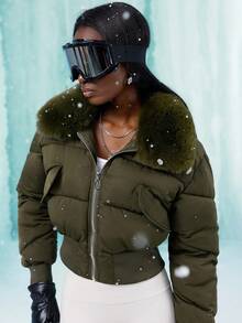 Aveloria GENKIRA 都市时尚短款翻领收腰金属拉链蓬松领口袋飞行飞行员夹克加厚保暖聚酯纤维合成保暖冬季大衣冬季夹克 - 軍綠色 - 查看 3